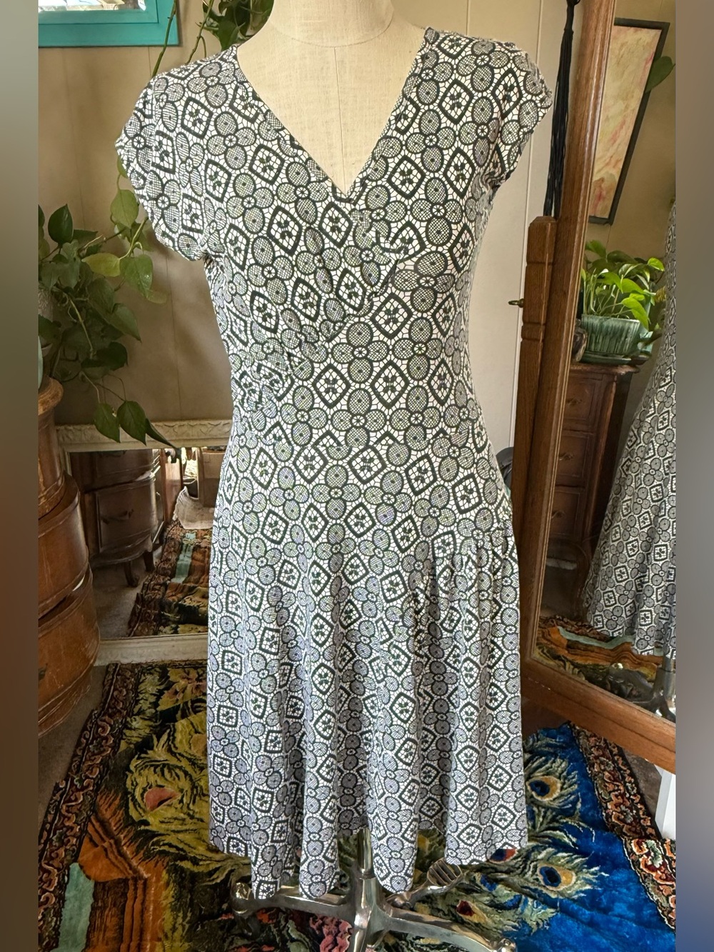 Effie's Heart Womens Cream Black Geometric Medallion Fit Flare Jersey Dress Sz M